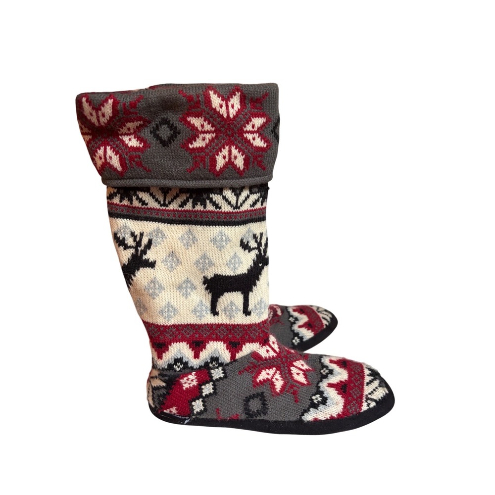 Muk Luks Fair Isle Reindeer Knit Slipper Boots Grey Red Women's‎ Medium 7-7.5